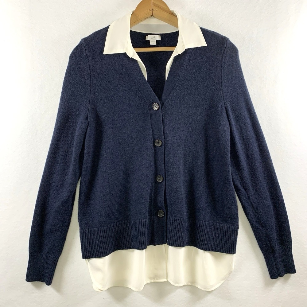 J Jill Womens Twofer Layered Shirt Sweater Size XS Navy Preppy Coastal Office
